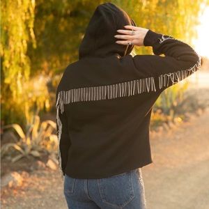 NWOT Rhinestone Fringe Hooded Sweatshirt Size S Fringe on arm and back
